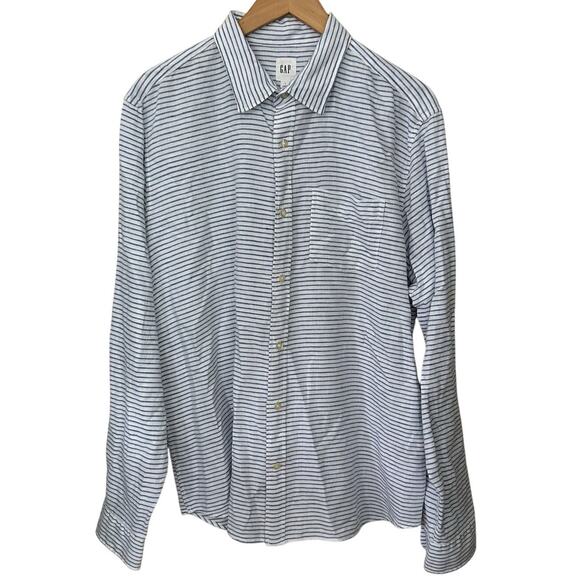 Gap‎ Linen Collared Shirt Womens Large Blue White Striped Long Sleeve Beachy Top - Picture 1 of 6